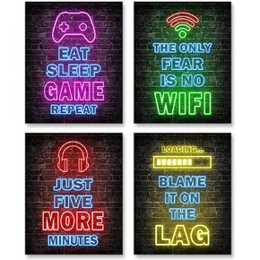 Printed Neon Gaming Posters Set of 4 (8"X 10"), Boys Room Decorations for Bedroom,Video Game Wall Art,Gamer, Teen boy bedroom, game room, No Frames
