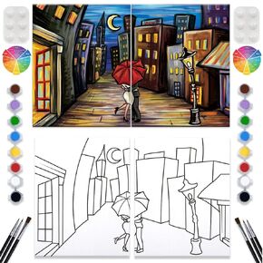 VALLSIP 2 Pack Paint and Sip Canvas Painting Kit Pre Drawn Canvas for Painting for adults Stretched Canvas Couples Games Date Night Romantic City Anniversary Gifts Couple Paint Party Supplies 8X10