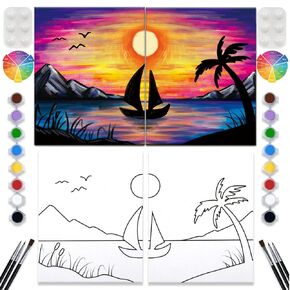 2 Pack Paint and Sip Canvas Painting Kit Pre Drawn Canvas for Painting for adults Stretched Canvas Couples Games Date Night ASailboat Under Sunset Anniversary Gifts Couple Paint Party (8x10)