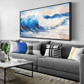 ENTANUB Ocean Wall Art for Living Room, Abstract Blue Canvas Print Painting for Bedroom, Sea Wave Canvas Wall Decor, Size 24x48 Inches