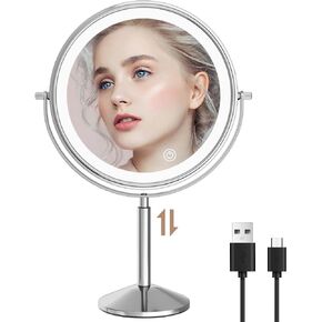 yngtoue 9" Makeup Mirror with Lights and Height Adjustment 10x Magnification LED Rechargeable, 360° Rotating Adjustment,Vanity Mirror 3 Colors Chrome (940C)