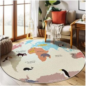 Around The World Map Play Area Round Carpet Non-Slip Area Rug Game Floor Mat for Bedroom Living Room Office Entryway Home Decor (Beige, 39.3in)