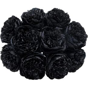 U'Artlines 10 Heads Artificial Peony Silk Flower Leaf Home Office Wedding Party Festival Bar Decor (Black)