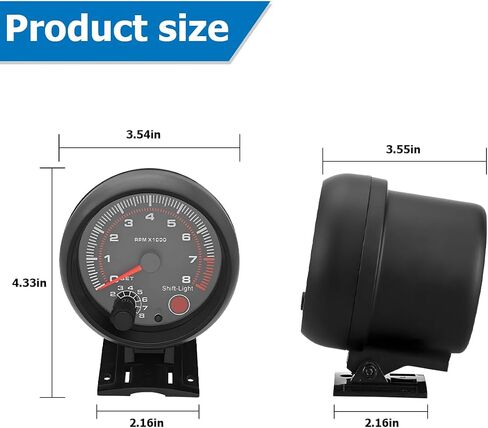 BESULEN Tachometer Gauge, 12V Universal 3.75" Black Tachometer Gauge, 0-8000 RPM White LED Backlit with Red Shift Light, Automotive Replacement Tachometer for Gasoline Car 4/6/8 Cylinder Engines in Saudi Arabia
