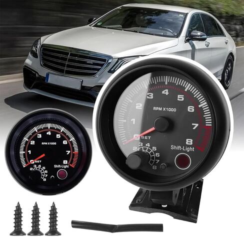 BESULEN Tachometer Gauge, 12V Universal 3.75" Black Tachometer Gauge, 0-8000 RPM White LED Backlit with Red Shift Light, Automotive Replacement Tachometer for Gasoline Car 4/6/8 Cylinder Engines in Saudi Arabia