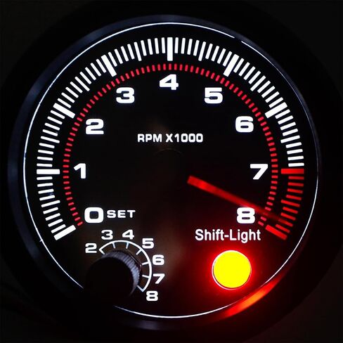 BESULEN Tachometer Gauge, 12V Universal 3.75" Black Tachometer Gauge, 0-8000 RPM White LED Backlit with Red Shift Light, Automotive Replacement Tachometer for Gasoline Car 4/6/8 Cylinder Engines in Saudi Arabia