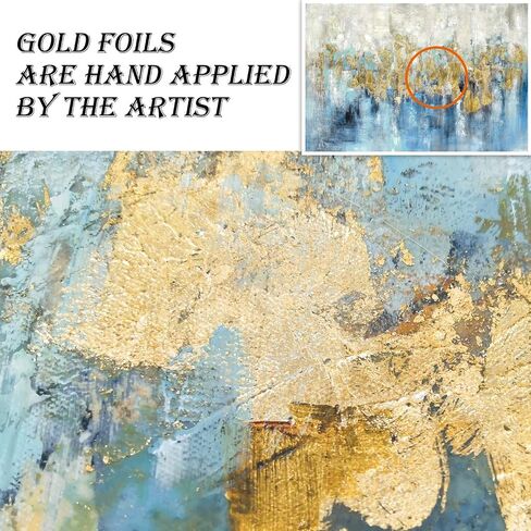Abstract Blue Canvas Wall Art: Framed Picture Gold Foil Artwork Hand Painted Painting for Living Room (45''W x 30''H, Multiple Sizes) in Kuwait