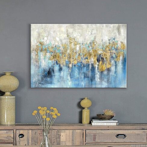 Abstract Blue Canvas Wall Art: Framed Picture Gold Foil Artwork Hand Painted Painting for Living Room (45''W x 30''H, Multiple Sizes) in Kuwait