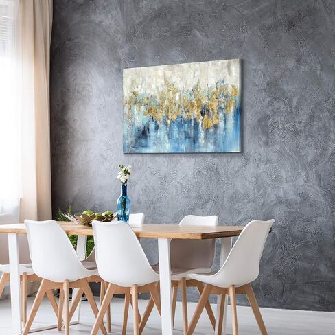 Abstract Blue Canvas Wall Art: Framed Picture Gold Foil Artwork Hand Painted Painting for Living Room (45''W x 30''H, Multiple Sizes) in Kuwait