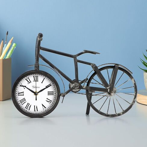 Tulivios Antique Bicycle Desk Shelf Clock Home Office Decoration Tabletop, Retro Vintage Roman Numerals Bike Mantel Clock Battery Operated, Non-Ticking Decor for Bedroom, Farmhouse (Black) in Saudi Arabia