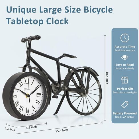 Tulivios Antique Bicycle Desk Shelf Clock Home Office Decoration Tabletop, Retro Vintage Roman Numerals Bike Mantel Clock Battery Operated, Non-Ticking Decor for Bedroom, Farmhouse (Black) in Saudi Arabia