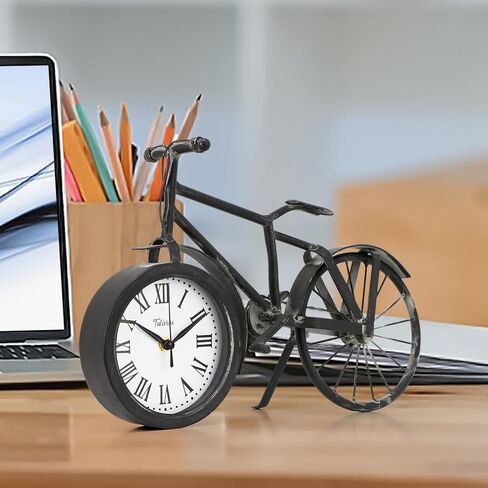 Tulivios Antique Bicycle Desk Shelf Clock Home Office Decoration Tabletop, Retro Vintage Roman Numerals Bike Mantel Clock Battery Operated, Non-Ticking Decor for Bedroom, Farmhouse (Black) in Saudi Arabia