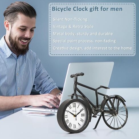 Tulivios Antique Bicycle Desk Shelf Clock Home Office Decoration Tabletop, Retro Vintage Roman Numerals Bike Mantel Clock Battery Operated, Non-Ticking Decor for Bedroom, Farmhouse (Black) in Saudi Arabia