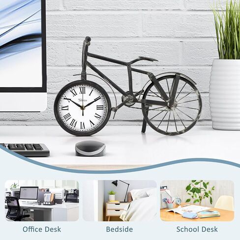 Tulivios Antique Bicycle Desk Shelf Clock Home Office Decoration Tabletop, Retro Vintage Roman Numerals Bike Mantel Clock Battery Operated, Non-Ticking Decor for Bedroom, Farmhouse (Black) in Saudi Arabia