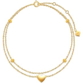 14K Solid Gold Heart Anklet for Women, Real Gold Layered Anklet Bracelet Fine Jewelry Anniversary Birthday for Her, Wife, Mom, Girlfriend, 8''+2''