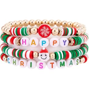 Christmas Beaded Bracelet, Preppy Heishi Bracelets MERRY Letter Stack Vinyl Disc Beads Surfer Stretch Bracelet XMAS Party Decor Festive Cosplay Jewelry Gifts for Her Him