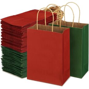 Tenceur 100 Pcs Red and Green Christmas Gift Bags Kraft Paper Bags with Handles Holiday Gift Bags for Wedding Baby Shower Bridal Shower Shopping Party Favor Business(8.26 x 6.3 x 3.15 Inch)