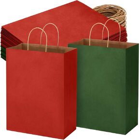 Tenceur 100 Pcs Red and Green Christmas Gift Bags Kraft Paper Bags with Handles Holiday Gift Bags for Wedding Baby Shower Bridal Shower Shopping Party Favor Business(8.26 x 6.3 x 3.15 Inch)