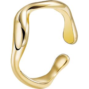 14K Gold Plated Chunky Ocean Wave Ring for Women 925 Sterling Silver Twisted Wave Ring Dainty Eternity Rings to Daughter Adjustable Opend Finger Ring Birthday Wedding Jewelry Gifts ﻿