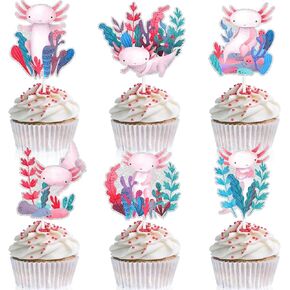 18 Pcs Cute Salamander Themed Happy Birthday Axolotl Cupcake Toppers - Great Decoration Supplies for Boys and Girls Birthday Party,Kids Axolotl Themed Party or Baby Showers,Pink Glitter - LIANGSS