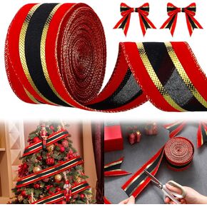 Waydress Christmas Ribbon Wired Edge Velvet Plush Overlay Ribbon 10 Yards 2.5 Inch Christmas Tree Ribbon Victorian Xmas Ribbon for Wrapping Wreath Bow Christmas Tree Decoration(Gold Pink Green)