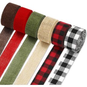 6 Rolls 36 Yard Christmas Plaid Burlap Ribbon Rolls 1 Inch Gift Wrapping Ribbon Winter Xmas Decorative Ribbon for DIY Crafts Wreath Bow Making Supplies