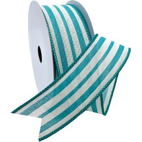 Morex Ribbon Wired Linen Spring Cabana Stripes Ribbon, 1.5 inches by 10 Yards, Teal, 7579.40/10-342