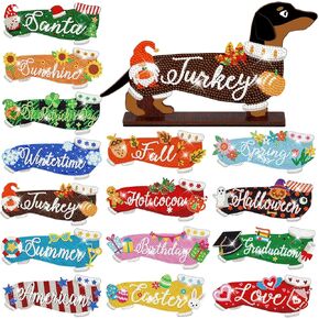 Briwooody 17 Pcs Magnetic Diamond Painting Kits Interchangeable Dog Diamond Art Magnets Wooden Dachshund Decor Holiday Interchangeable Seasonal Decor for Table DIY Home Party Tiered Tray Decoration