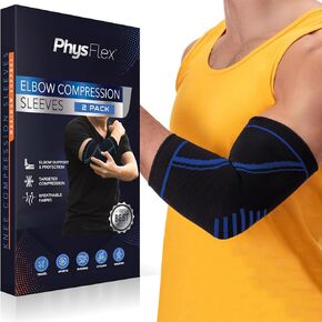 PhysFlex Elbow Brace 2 Pack for Tennis & Golfer's Elbow Pain Relief - Elbow Compression Sleeve for Weightlifting, Workout, Fitness, Arthritis, Bursitis - Tendonitis Elbow Brace for Men & Women