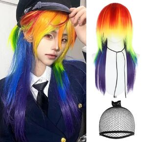 Rainbow Wig for Women Men Long Straight Rainbow Wig with Bangs for Halloween Costume Scene Wig for Party Anime Colorful Cosplay Wig for Christmas Outfit Synthetic Wig for Scenecore +Wig Cap