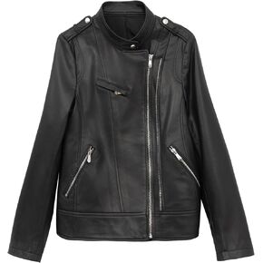 Women's Short Standing Neck Zipper Slim Fitting Motorcycle Jacket