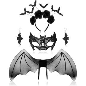 Zeyune 4 Pcs Halloween Bat Costume Set Includes Wings Lace Eye Mask Bat Headband with Bat Earrings for Women Masquerade Cosplay Birthday Party Favors Performance