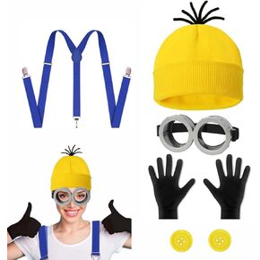 5PCS Halloween Costume Accessories Adult, Yellow Beanie Hat/Steampunk Goggles Glasses/Gloves/Suspenders/Yellow Buttons for Men Women Cosplay Party Set