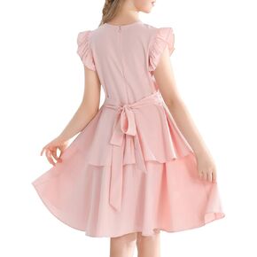 Girls' Dresses Ruffle Sleeve Solid Semi Formal Tiered Swing Midi Casual Summer Dress 6-14 Years