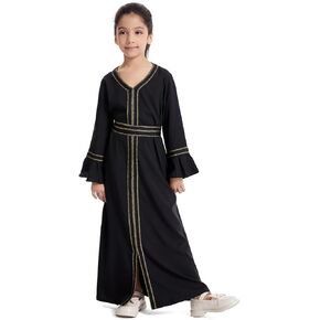 OLEMEK Kids Girls Abaya Long Sleeve Hooded Maxi Dress Middle East Muslim Long Bell Sleeve Prayer Dress
