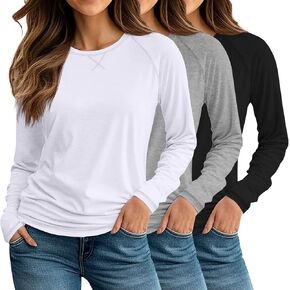 Ficerd 3 Pack Women's Long Sleeve T Shirt Crew Neck Raglan Sleeves Tunic Loose Fit Basic Tops Pullover 2024 Fall Trendy