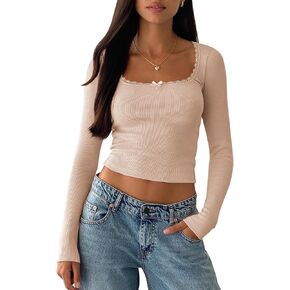 BZB Womens Long Sleeve Crop Tops Fall Y2K Lace Square Neck Slim Fitted Basic Ribbed Tee Blouse Shirts