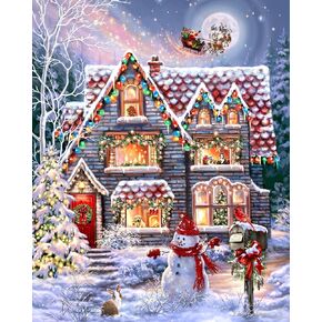 Springbok's Christmas Eve Cottage 1000 Piece Jigsaw Puzzle is a Classic Image of a Cozy Christmas Cottage Complete with Snowman and Santa Sailing Above in His Sleigh
