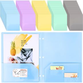 Seajan 100 Pcs Pastel Colors Plastic Folders with Pockets Heavy Duty Folders Bulk with 4 Pockets 3 Hole Punch Pocket Folders with Business Card Slot for School Office, Letter Size, 5 Colors