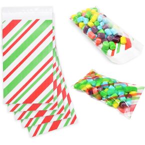 150 Christmas Self Sealing Cellophane Bags Packaging Wrappers 4" x 8" Candy Cane Stripe Resealable Plastic Cello Self-Adhesive Poly Bags for Chocolate Bar Photo Gift Cards Cookie Treat Party Favors