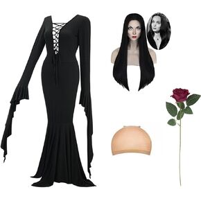 YOGFIT Halloween Cosplay Addams Family Morticia Costumes for Women Vintage Gothic Witch Long Sleeve Dress Black Wig Rose