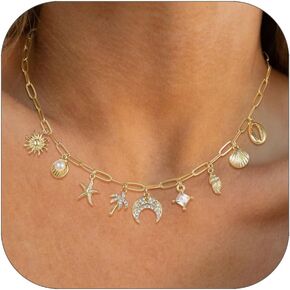 Charm Necklace For Women Shell Heart Necklaces Gold Charms Pendant Paperclip Chain Boho Summer Seashell Beach Evil Eye 14k Starfish Jewelry