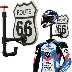 Helmet Holder Wall Mount,Motorcycle Helmet Rack Made of Industrial Pipe and Wooden Route 66 Pattern,Helmet Hanger for Coats,Caps,Baseballs and Rugby Helmet