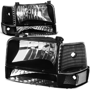 Auto Dynasty 6Pcs Factory Style Headlights Assembly with Bumper and Corner Lights Compatible with Ford F150 F250 F350 Bronco 92-96, Driver and Passenger Side, Black Housing Amber Corner