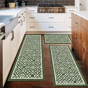 Ileading Christmas Kitchen Rugs Sets of 3 Piece Merry Christmas Kitchen Floor Mat Non Skid Washable Runner Rug for Winter Holiday Decor Carpet for Sink Laundry Hallway livingroom(H Green)