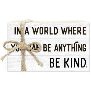 Inspirational Decorative Book Stack for Farmhouse, Be Kind Tiered Tray Decor, Christian Stacked Books Set, in A World Where You Can Be Anything Wooden Book Decor for Home Office Table Shelf -23