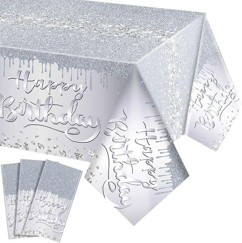 3 Pcs Purple Happy Birthday Tablecloths Plastic Birthday Tablecloths 54 x 108 Inches Glitter Silver Disposable Table Covers Party Decorations for Women Birthday Party Supplies in Saudi Arabia