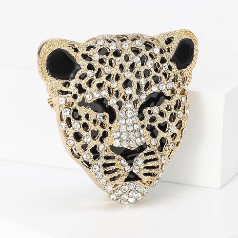 Rheinstone Leopard Brooch Vintage Black Enamel Spotted Leopard Head Brooch Pin Gold Silver Black Leopard Brooch Trendy Clothing Hat Bag Accessories Christmas Birthday Party Jewelry in Kuwait