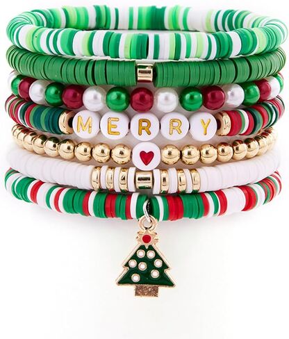 Christmas Beaded Bracelet, Preppy Heishi Bracelets MERRY Letter Stack Vinyl Disc Beads Surfer Stretch Bracelet XMAS Party Decor Festive Cosplay Jewelry Gifts for Her Him in Kuwait