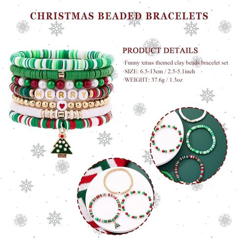Christmas Beaded Bracelet, Preppy Heishi Bracelets MERRY Letter Stack Vinyl Disc Beads Surfer Stretch Bracelet XMAS Party Decor Festive Cosplay Jewelry Gifts for Her Him in Kuwait
